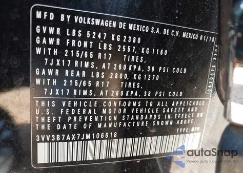 2018 Volkswagen Tiguan 2.0T Se/2.0T Sel z USA, uszkodzony, nr VIN 3VV3B7AX7JM106618